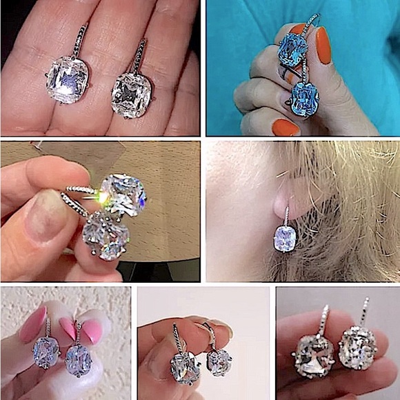 Princess Cut Silver Gold Filled Diamond Zircon Dangle Earrings - Picture 8 of 9